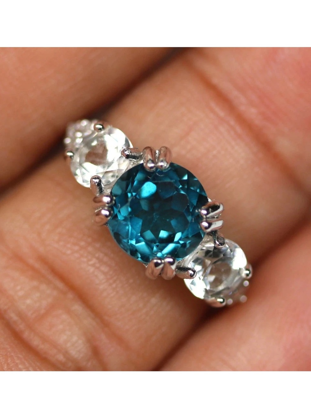 Beautiful Natural 2.45CR London Blue & White Topaz Sz 6 Ring 14K Gold over 925SS